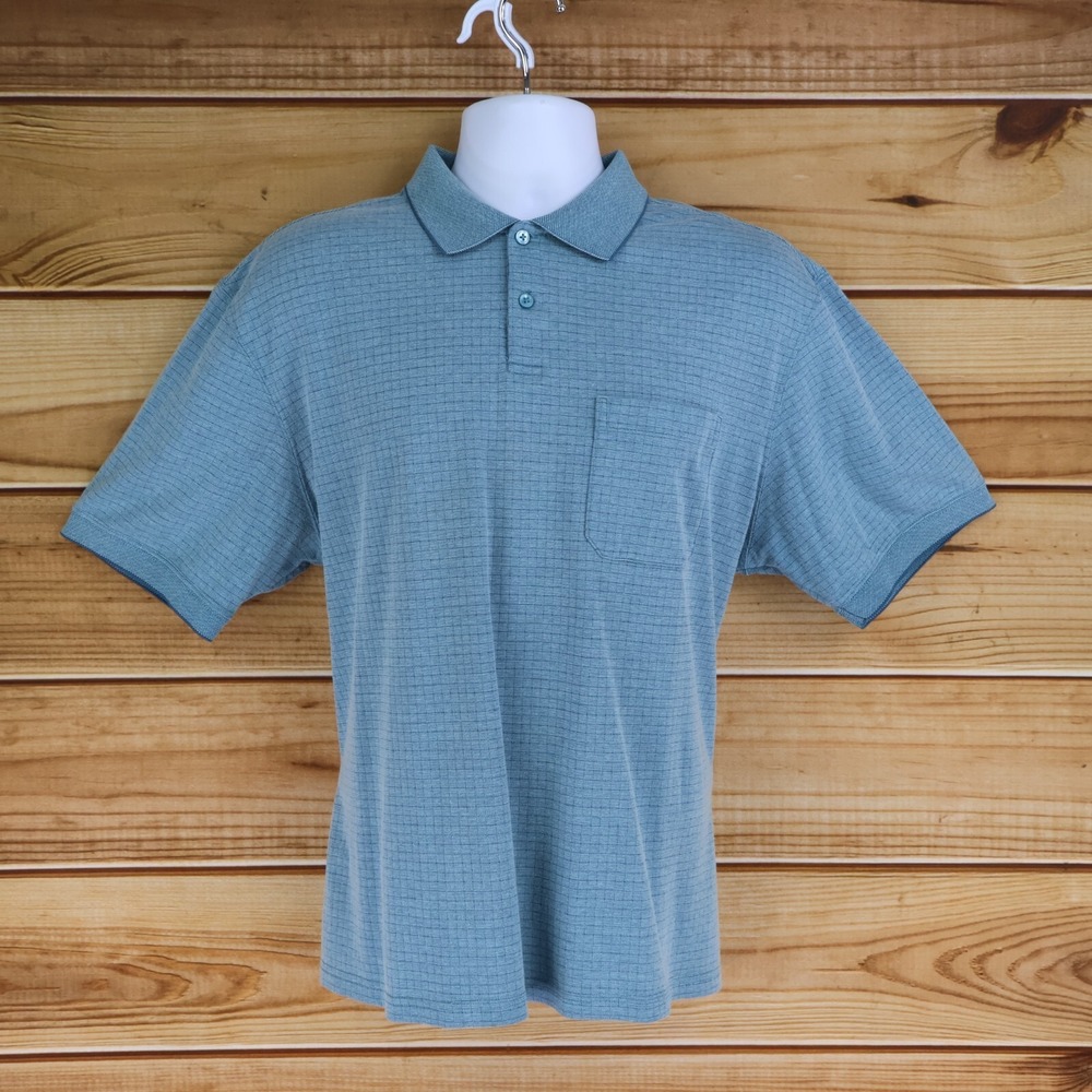 Saddlebred Polo Golf Shirt Mens Size L Blue Checks Cotton Blend Comfort Pocket
